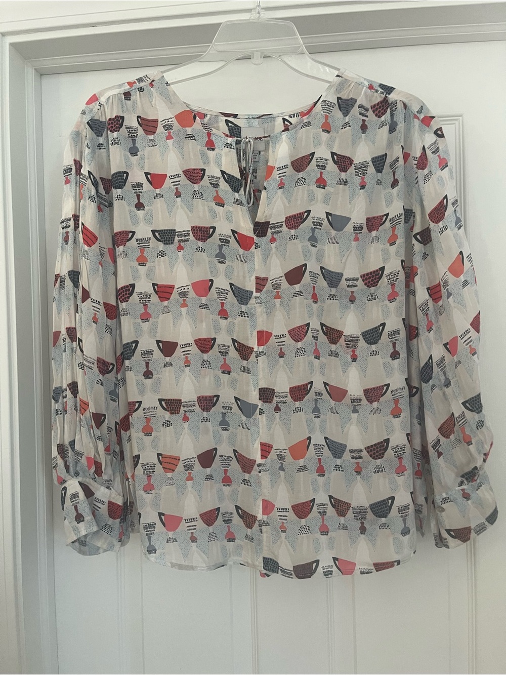 NIC+ZOE Cream Blouse with Coral, Navy & Brown Print